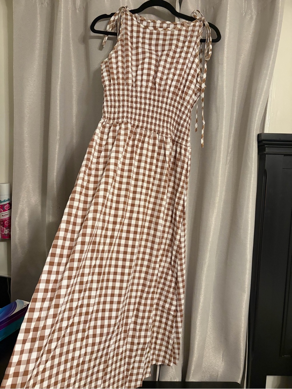 Tie-Shoulder Smocked Midi Dress in Beige Gingham - Picture 2 of 7